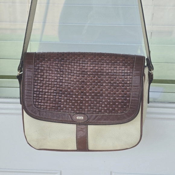 Bally Crossbody Vintage Purse  Woven Leather 3 compartments Cream & Brown - Picture 4 of 16